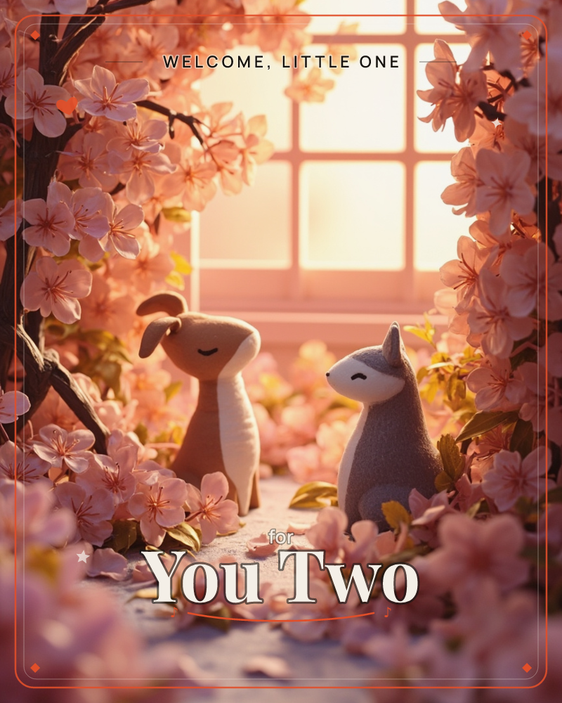 Two small felt animal figures, a floppy-eared dog and a fox, sit facing each other on a petal-strewn ledge, framed by branches heavy with pink cherry…, a new baby e-card design