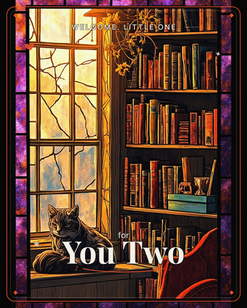 A cat curls up on a wooden windowsill beside a tall paned window, golden light streaming through onto a bookshelf packed with worn spines and a…, a new baby e-card design