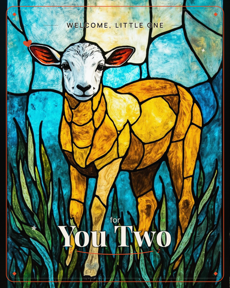 A stained-glass style lamb with a golden-amber body and a white face stands amid tall grass, its ears glowing rust-red against a mosaic of turquoise…, a new baby e-card design