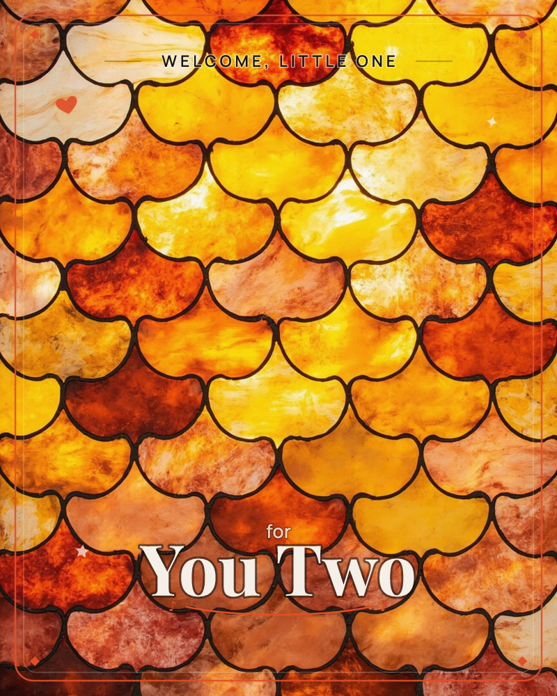 A stained-glass pattern of scalloped, fish-scale shapes glows in shades of amber, gold and burnt orange, each panel edged in dark leadwork and marbled…, a new baby e-card design
