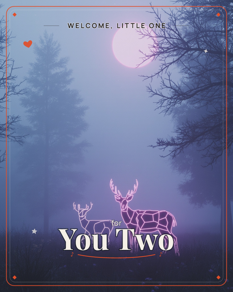 A misty twilight forest glows under a pale, moon-like orb, with two stags standing among the silhouetted trees, a new baby e-card design
