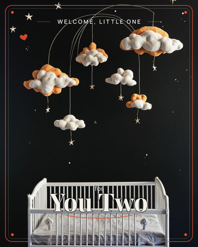 A white crib sits beneath a night-black wall scattered with tiny stars, while a mobile of plush white and gold clouds dangles above it on curved wires…, a new baby e-card design