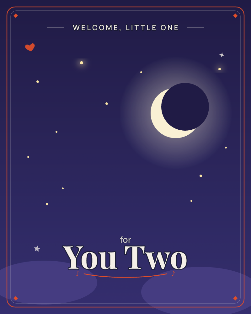A soft crescent moon glows pale gold against a deep indigo night sky, its shadowed round edge blending into the dark, a new baby e-card design by @DittyCityTeam