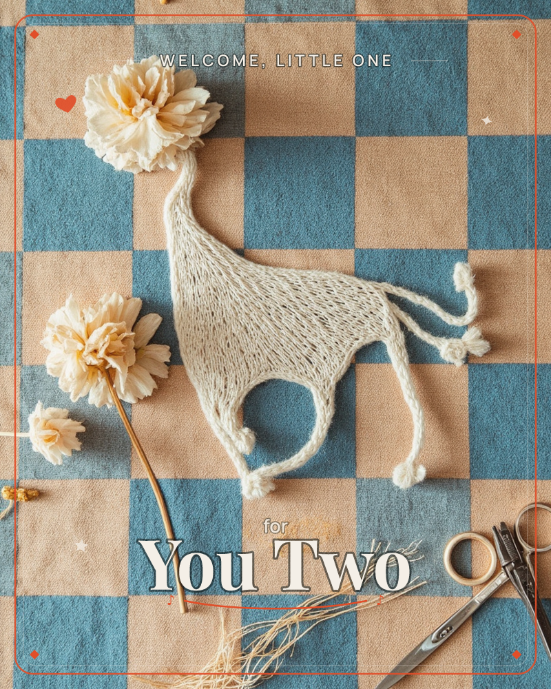 A white yarn horse, woven into a loose openwork silhouette, prances across a blue-and-tan checked cloth alongside cream carnations and a pair of scissors, a new baby e-card design