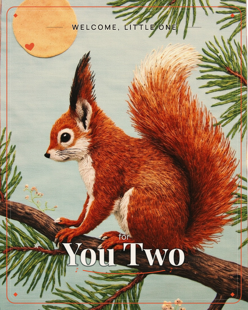 A red squirrel with tufted ears and a bushy tail perches on a pine branch against a pale blue sky, a soft gold moon or sun glowing in the corner, a new baby e-card design
