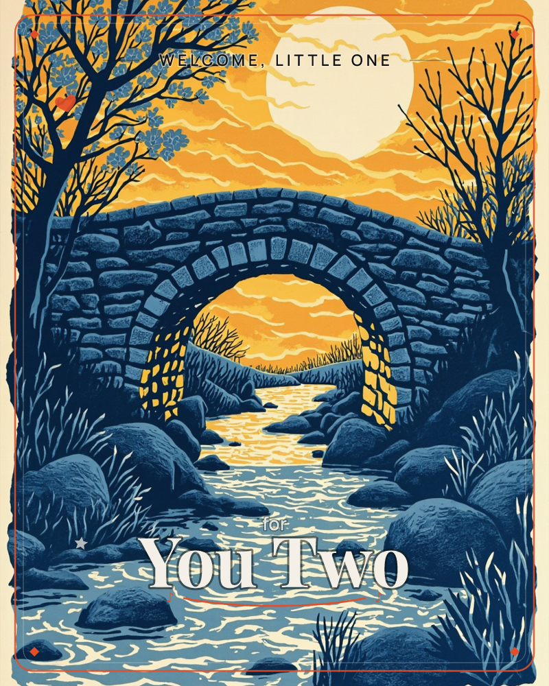 A weathered stone bridge arches over a rocky stream beneath a bold orange sky and a glowing full moon or sun, a new baby e-card design