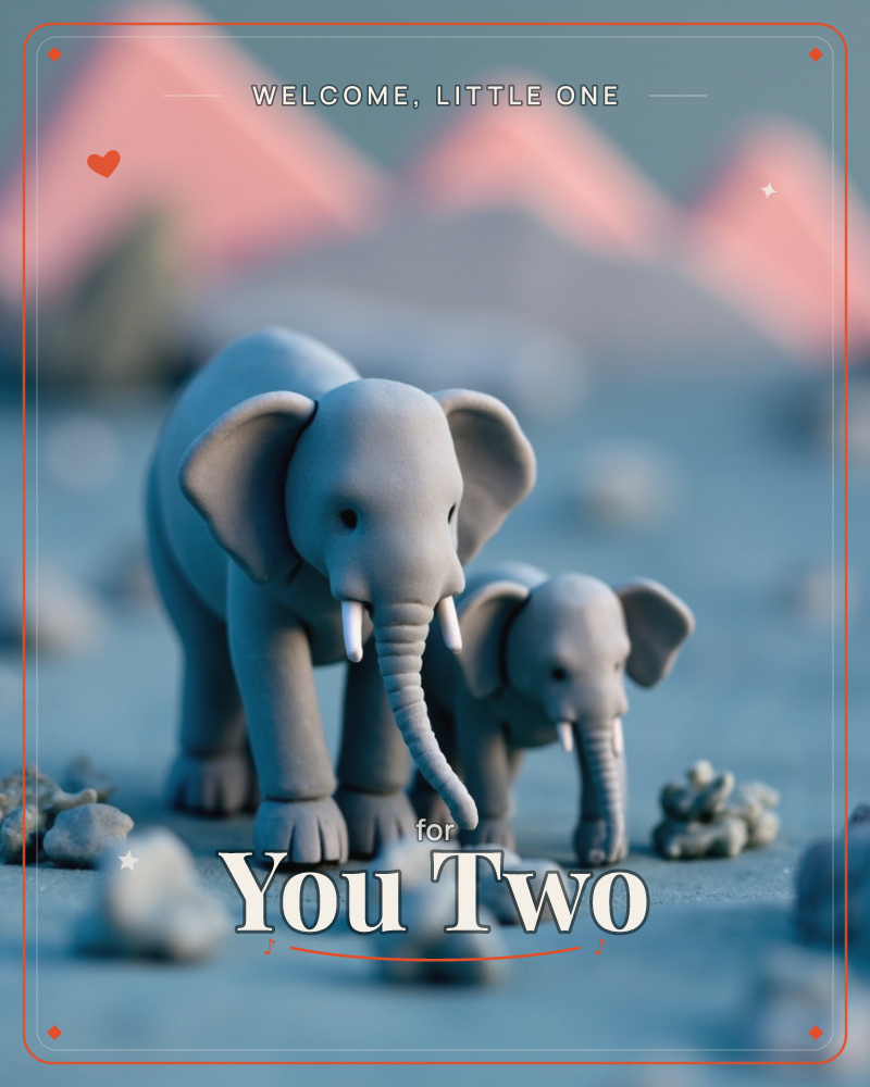 A stone-textured adult elephant walks beside a smaller elephant across a rocky, dusk-lit plain, with soft pink mountain peaks glowing in the blurred…, a new baby e-card design