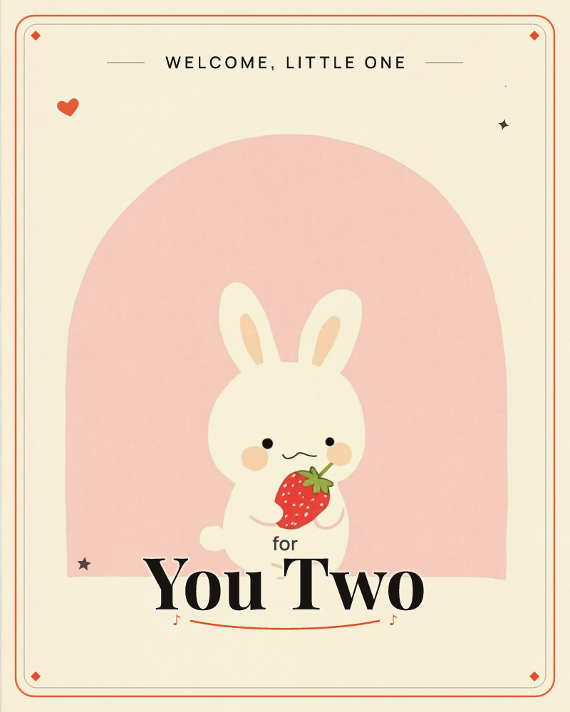 A round-eared white bunny with rosy cheeks stands inside a pink arched alcove, hugging a large strawberry against its chest, a new baby e-card design