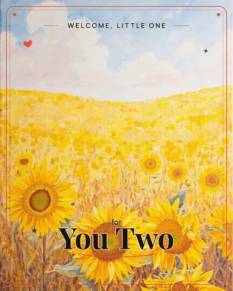 A rolling field of sunflowers stretches to a soft, cloud-scattered horizon under a pale blue and pink sky, a new baby e-card design
