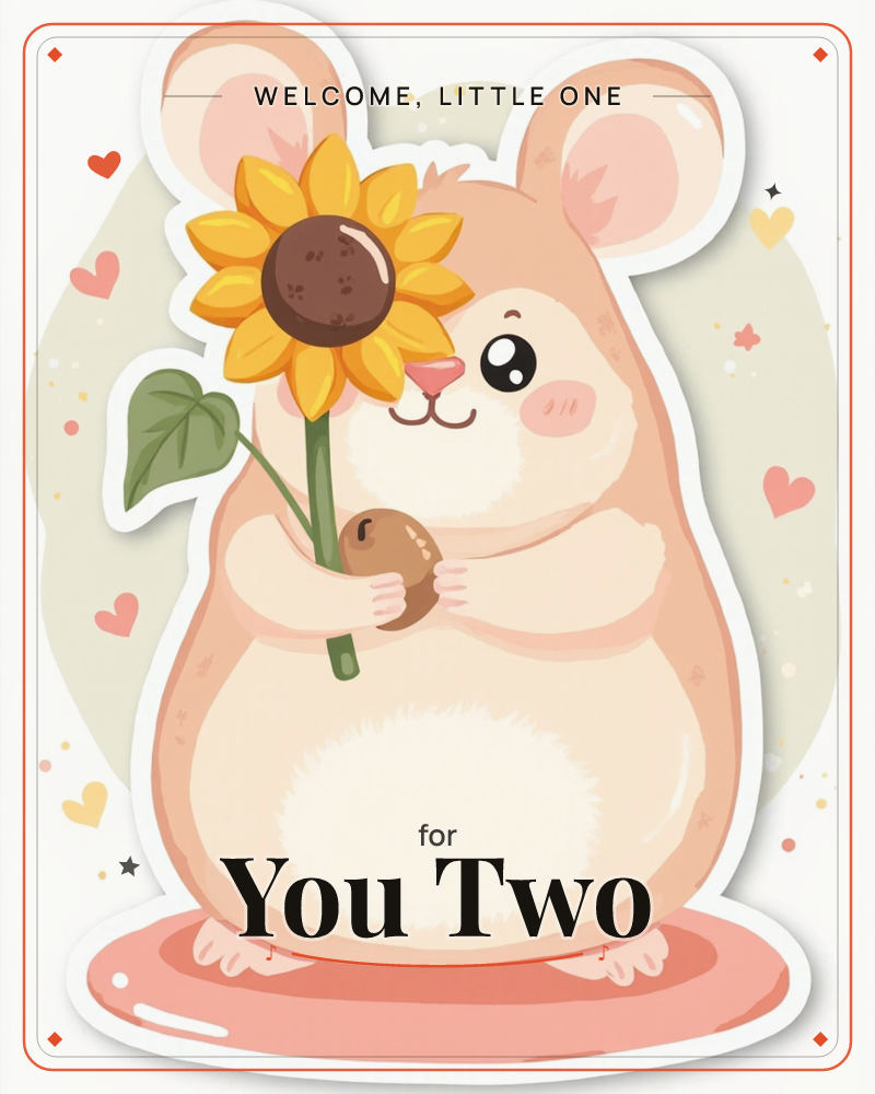 A round, rosy-cheeked hamster stands front and centre holding a tall sunflower and clutching an acorn to its chest, a new baby e-card design