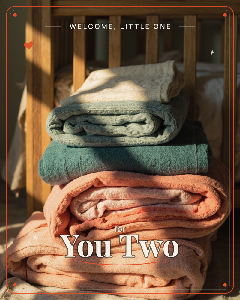 A stack of folded towels and blankets rests on the slats of a wooden crib or chair, warm afternoon light slanting across the layers of cream, sage…, a new baby e-card design