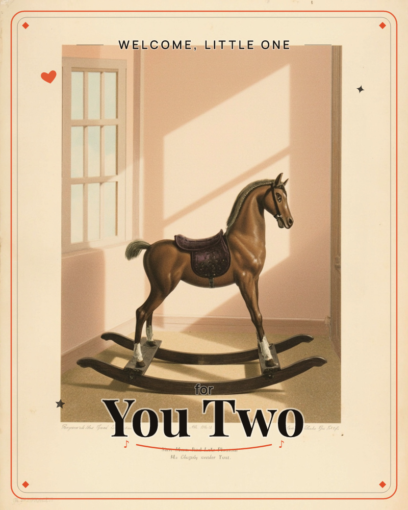 A classic wooden rocking horse stands alone in a sunlit, softly pink-walled room, its saddle richly detailed in burgundy and gold, a new baby e-card design