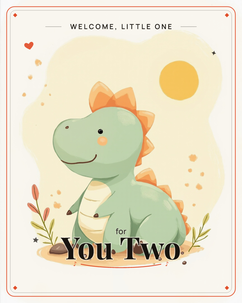 A round-bellied green dinosaur with orange spikes down its back sits smiling on a sandy patch, flanked by small sprigs of leaves and pebbles, a new baby e-card design
