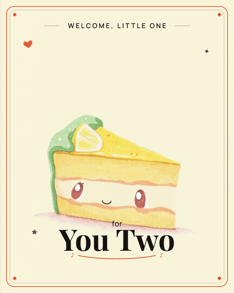 A single wedge of lemon layer cake sits on a soft cream background, its green frosting topped with a bright lemon slice, a new baby e-card design