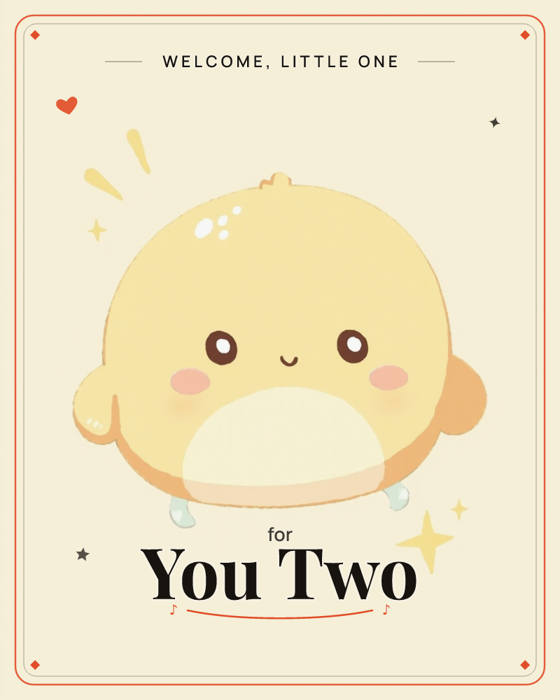 A round, plump lemon-shaped creature with a stubby stem and rosy cheeks sits against a soft cream background, sparkling stars and an exclamation mark…, a new baby e-card design