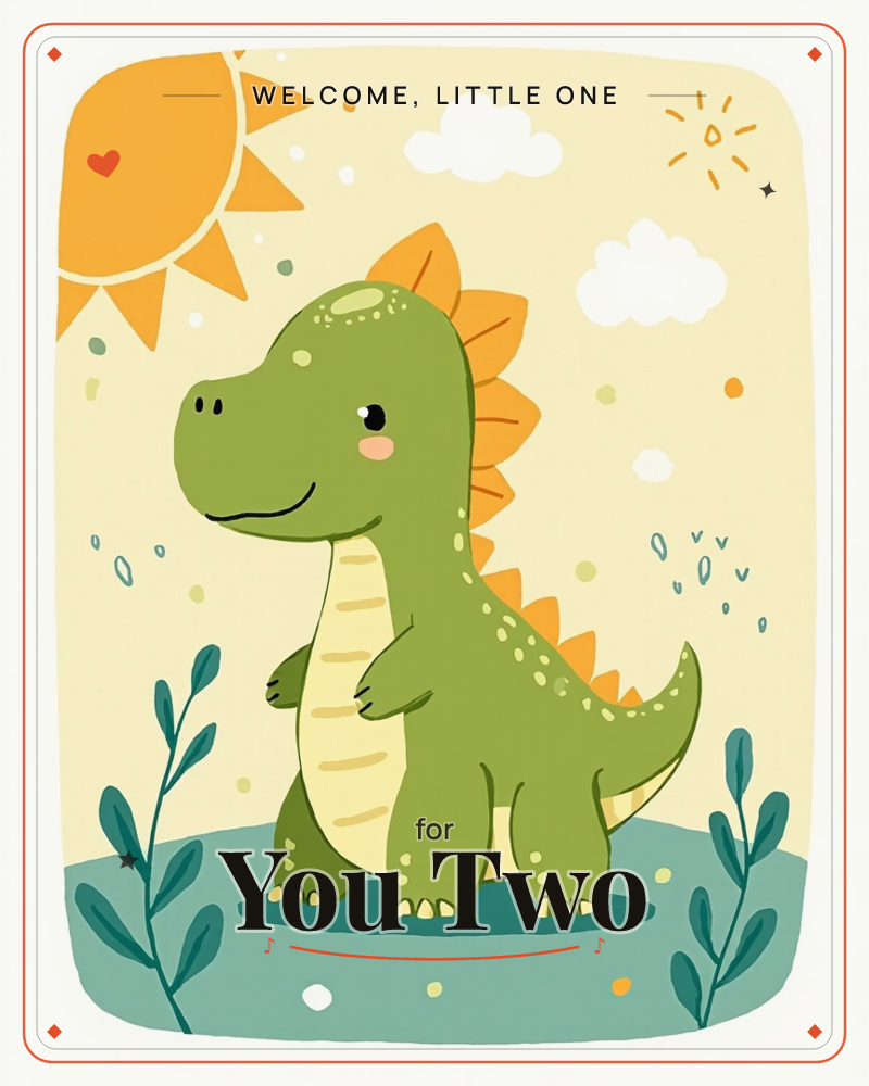 A cheerful green dinosaur with orange spiky ridges stands smiling on a teal hillock, framed by simple leafy sprigs, a new baby e-card design