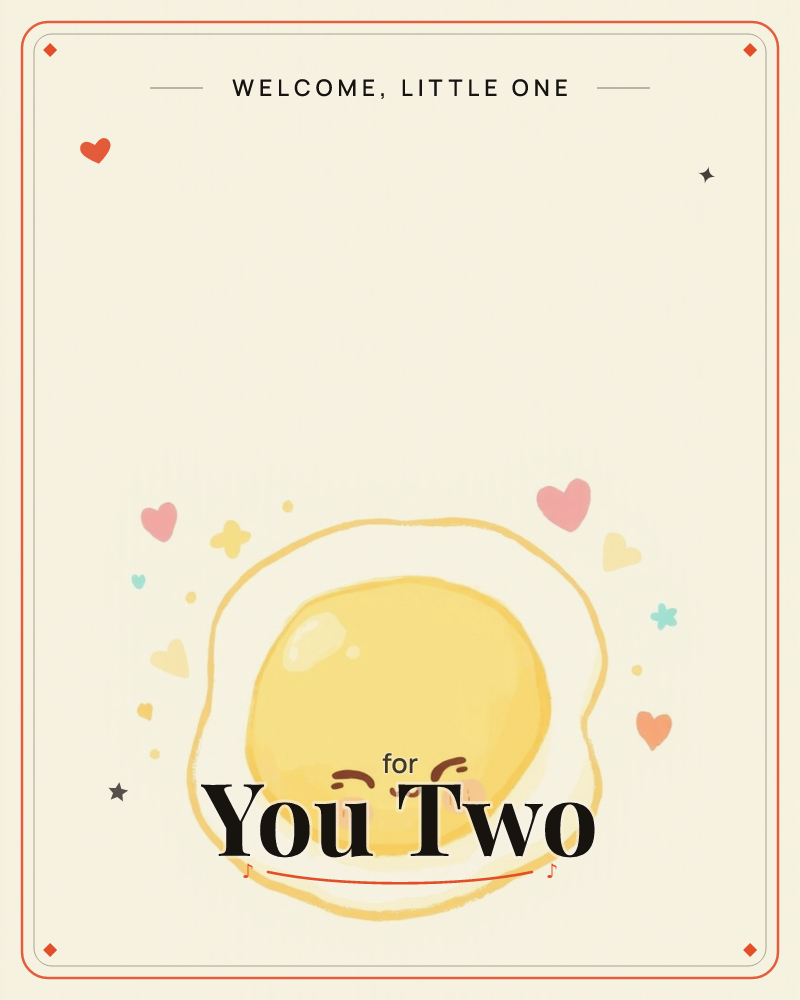 A cheerful fried egg with a round yellow yolk face, blushing cheeks and a proud little smile sits at the bottom of a pale cream page, a new baby e-card design