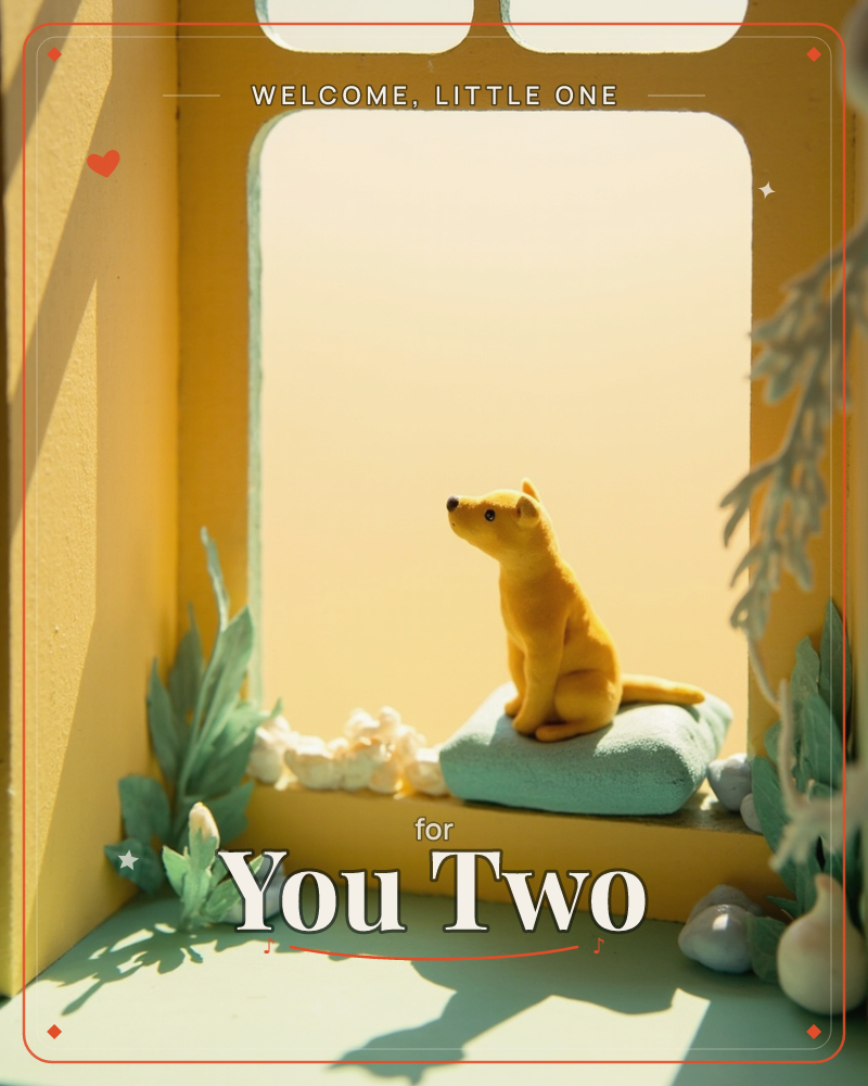 A small felted fox figure sits perched on a mint-green cushion in a miniature yellow archway window, gazing upward into a warm golden glow, a new baby e-card design
