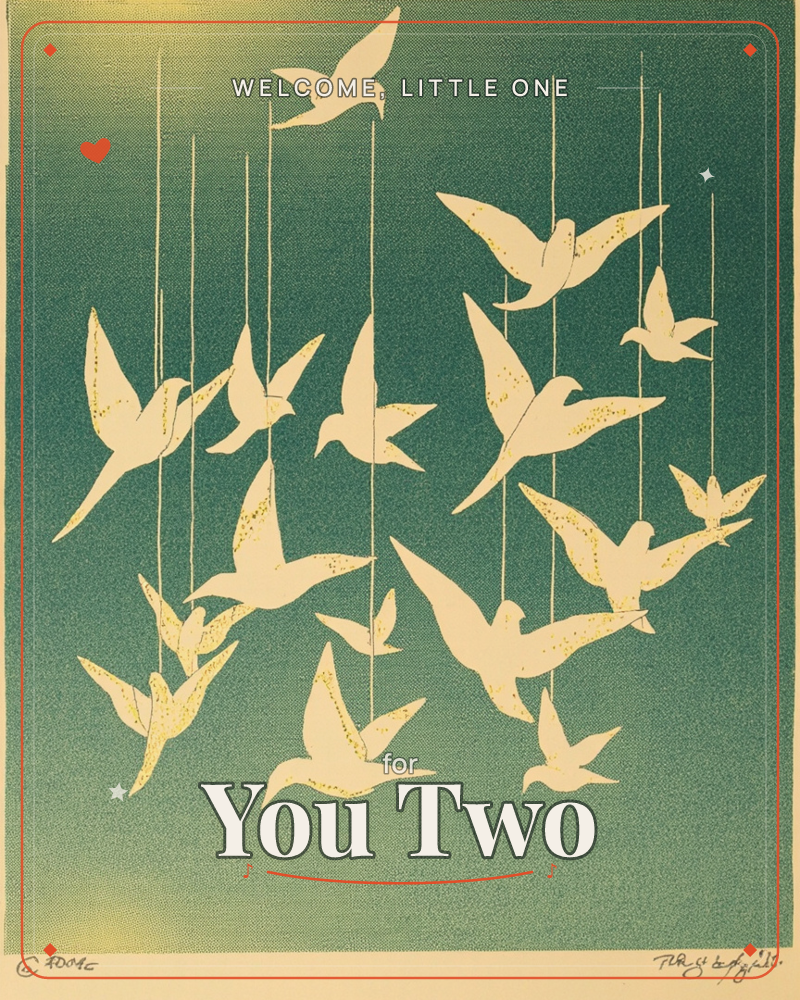 A flock of pale cream birds hangs suspended on thin threads against a deep teal-green background, as if caught mid-flight in a stylised mobile, a new baby e-card design