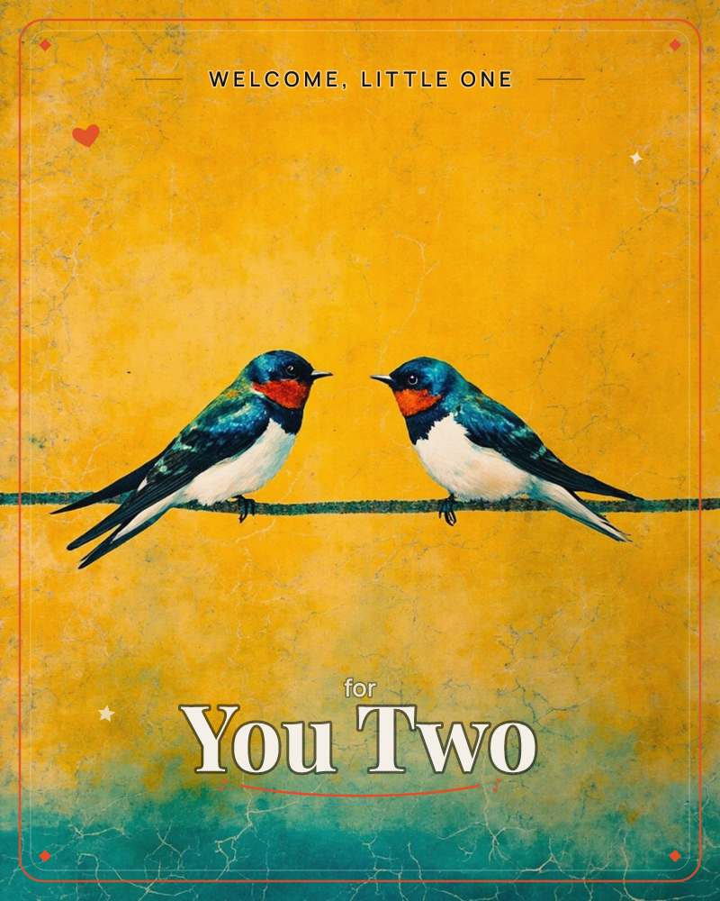 Two swallows with blue-black backs, rust-red throats and white bellies perch face to face on a wire strung across a weathered, crackled backdrop, a new baby e-card design