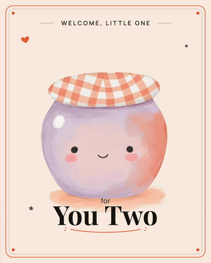 A round jam jar with a happy face, rosy cheeks and a gingham fabric lid sits alone on a soft peach background, a new baby e-card design