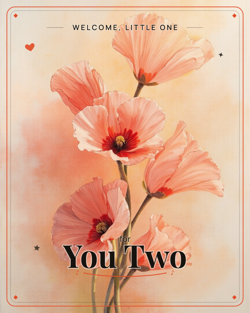A cluster of pale pink poppies leans across the page on slender green stems, their tissue-thin petals catching darker coral centres, a new baby e-card design
