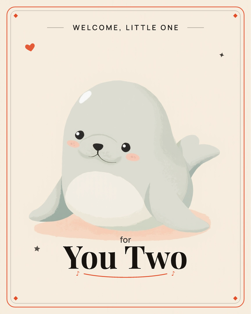 A round, plump seal sits front and center against a soft cream background, its flippers splayed out and its little tail flipped up behind it, a new baby e-card design