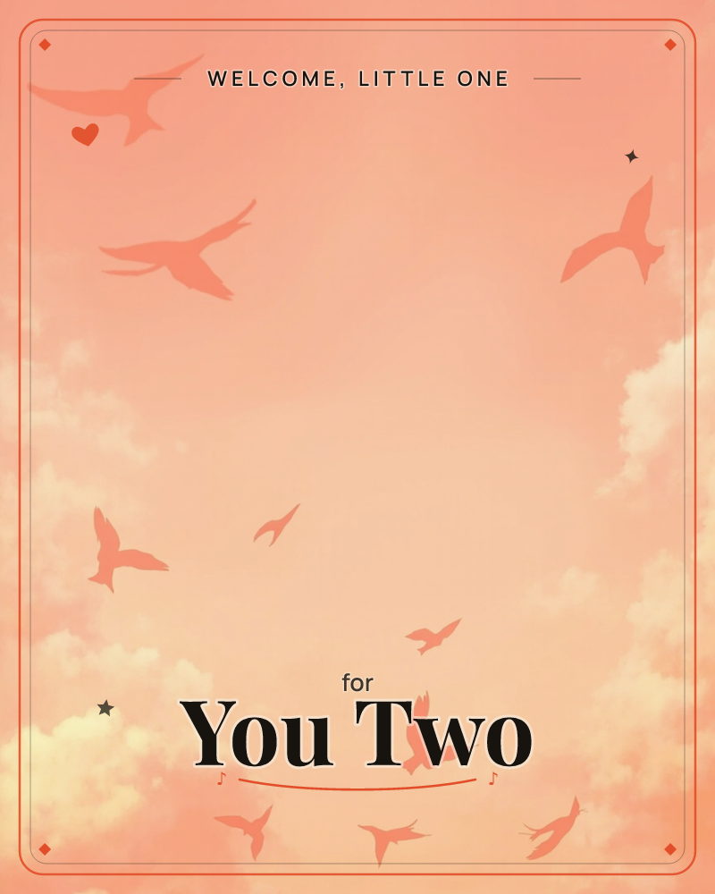 A soft coral-and-peach sky fills the whole card, warm clouds drifting along the lower corners, a new baby e-card design