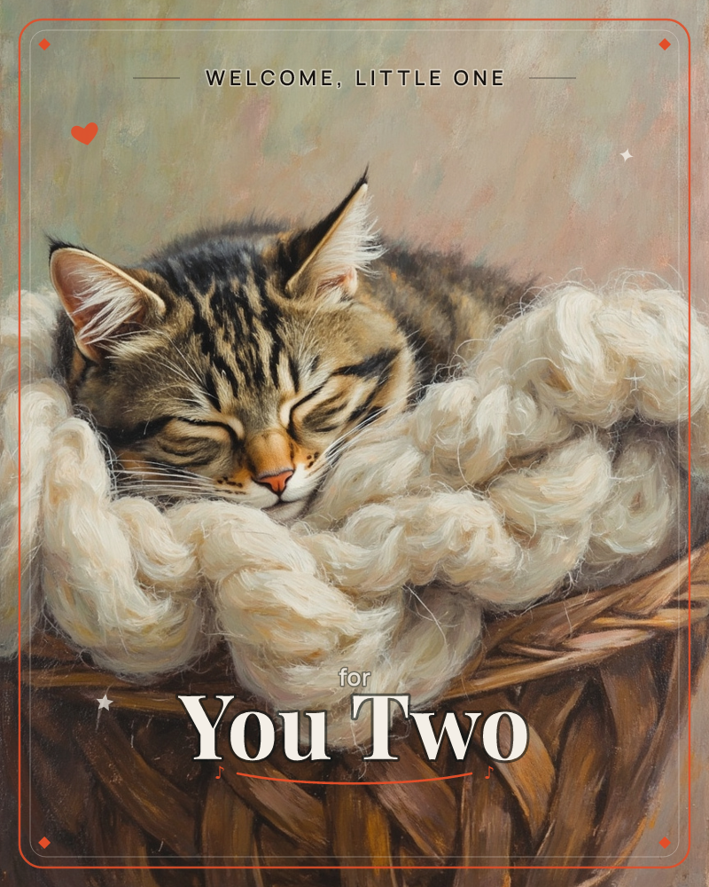 A tabby cat lies curled and fast asleep in a woven wicker basket, nestled into thick folds of cream chunky-knit wool, a new baby e-card design