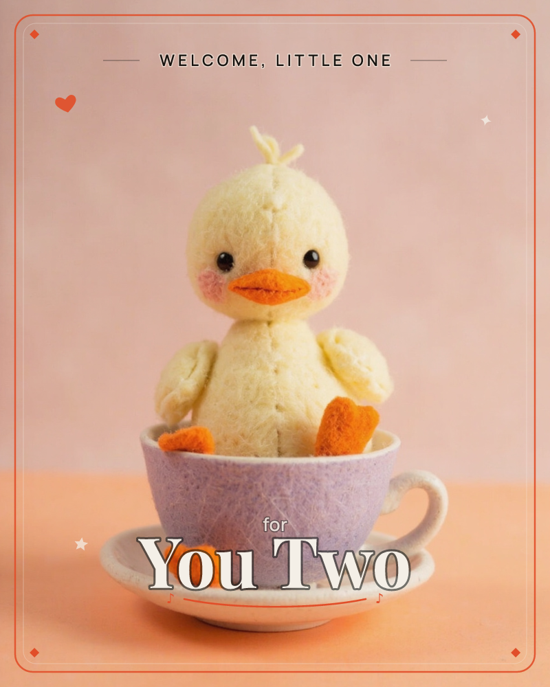 A needle-felted yellow chick with rosy cheeks and a tiny orange beak sits perched inside a lilac teacup on a matching saucer, one felted orange foot…, a new baby e-card design