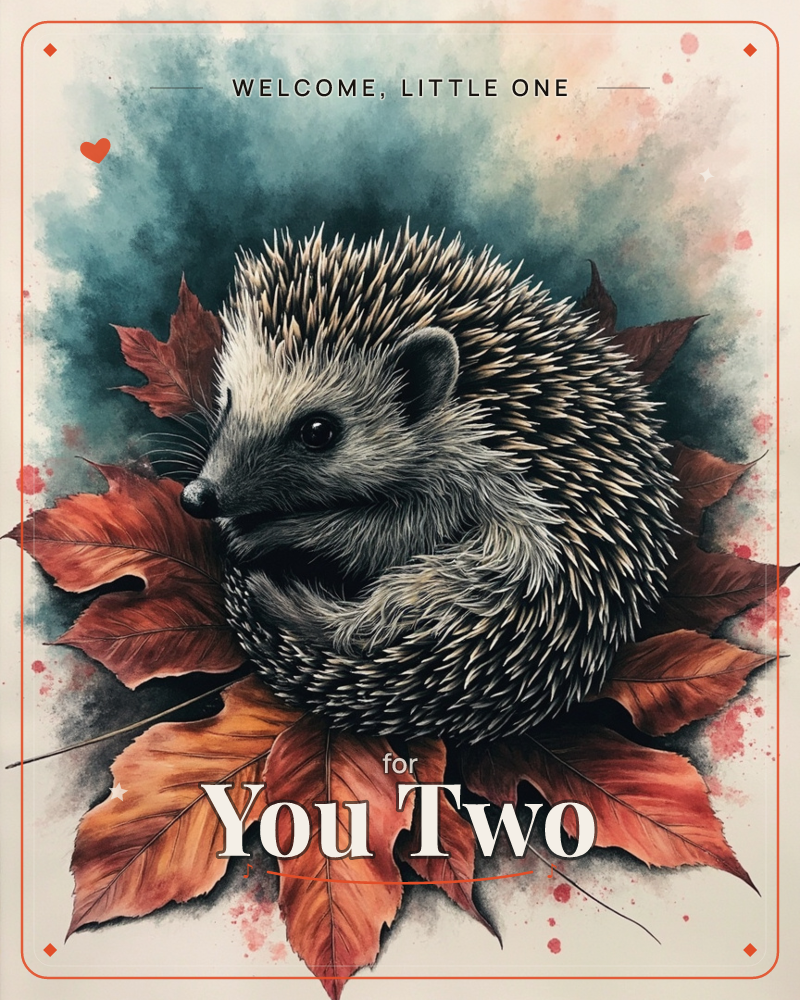 A curled hedgehog rests on a bed of deep russet autumn leaves, its spiky coat rendered in fine detailed strokes against a moody, smoky…, a new baby e-card design