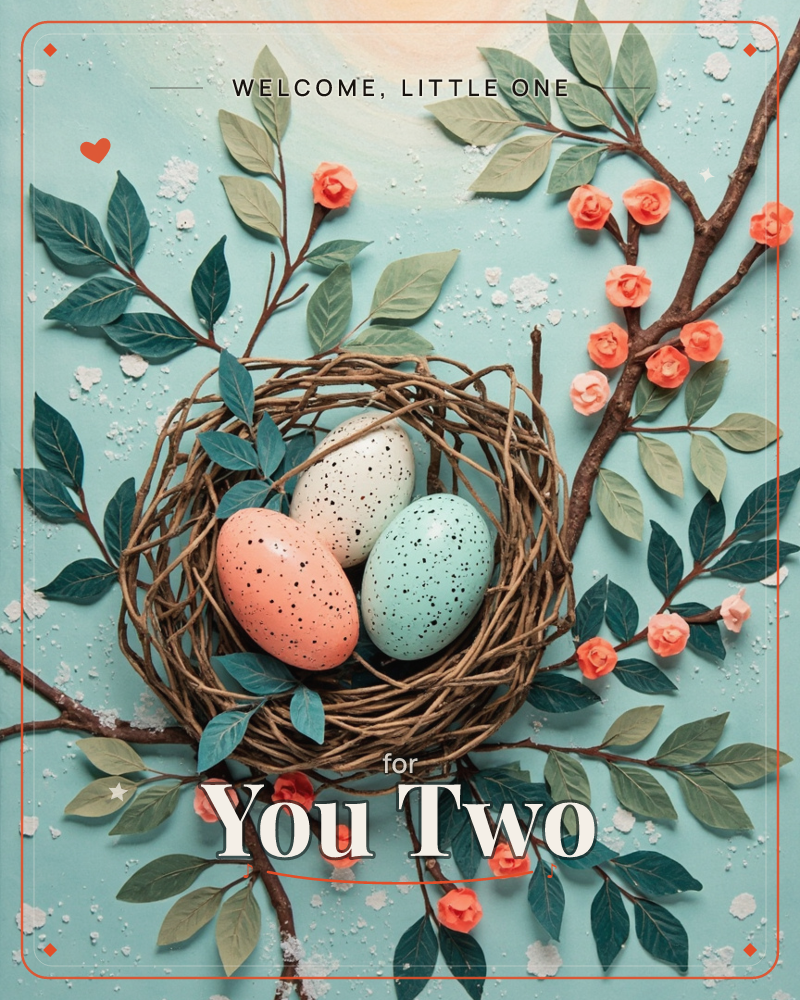 A woven twig nest cradles three speckled eggs in coral, cream, and mint against a soft teal background scattered with delicate flecks like early snow…, a new baby e-card design