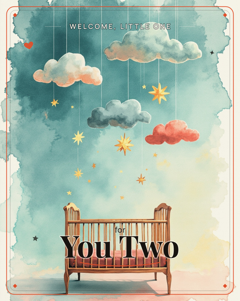 A wooden crib sits beneath a dreamy teal sky, above which a mobile of watercolour clouds and golden stars dangles on delicate threads, a new baby e-card design