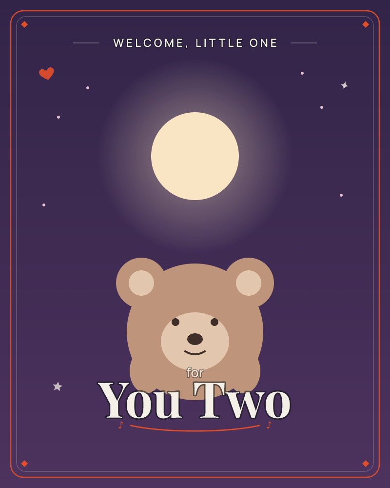 A round-faced teddy bear peeks up into a deep purple night sky, its gentle smile lit by a glowing full moon overhead, a new baby e-card design by @DittyCityTeam