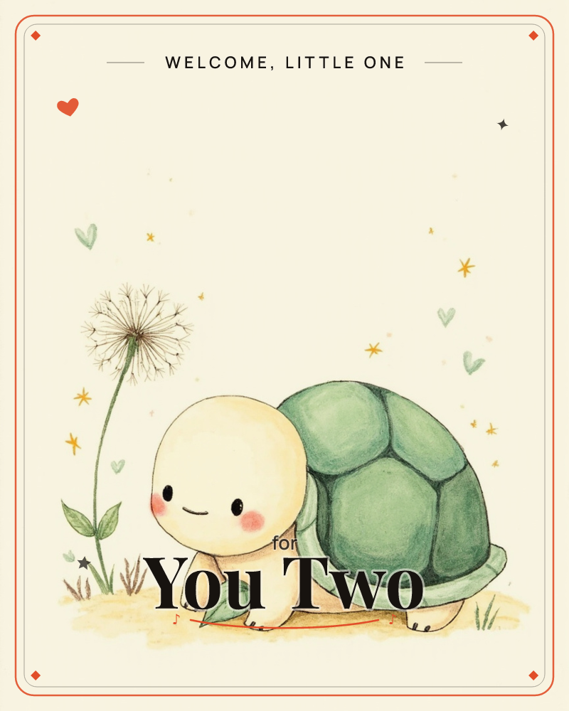 A small round-shelled turtle with rosy cheeks and a gentle smile stands beside a tall dandelion gone to seed, a new baby e-card design