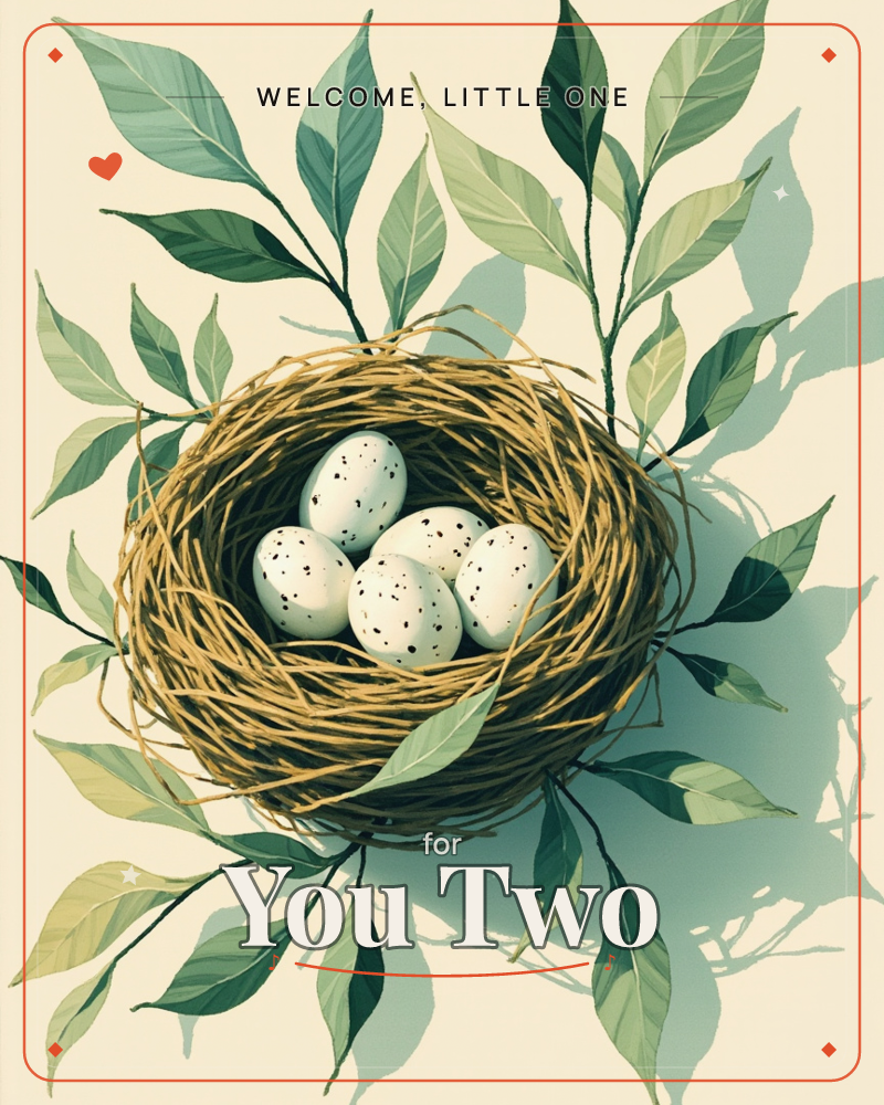 A woven twig nest cradles five pale speckled eggs, set against sprays of green leaves that fan out symmetrically behind it, a new baby e-card design