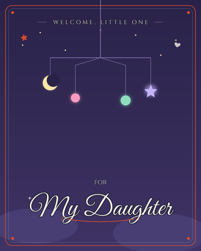 A nursery mobile hangs against a deep purple night sky, its thin arms balancing a crescent moon, a pink orb, a green orb, and a lavender star, a new baby e-card design by @DittyCityTeam