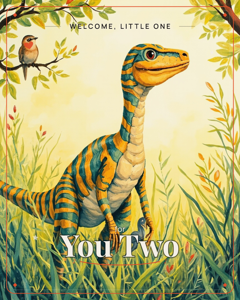 A striped teal-and-gold dinosaur stands tall in a sunlit field of tall grass, its long neck curving as it glances toward a small bird perched on a…, a new baby e-card design