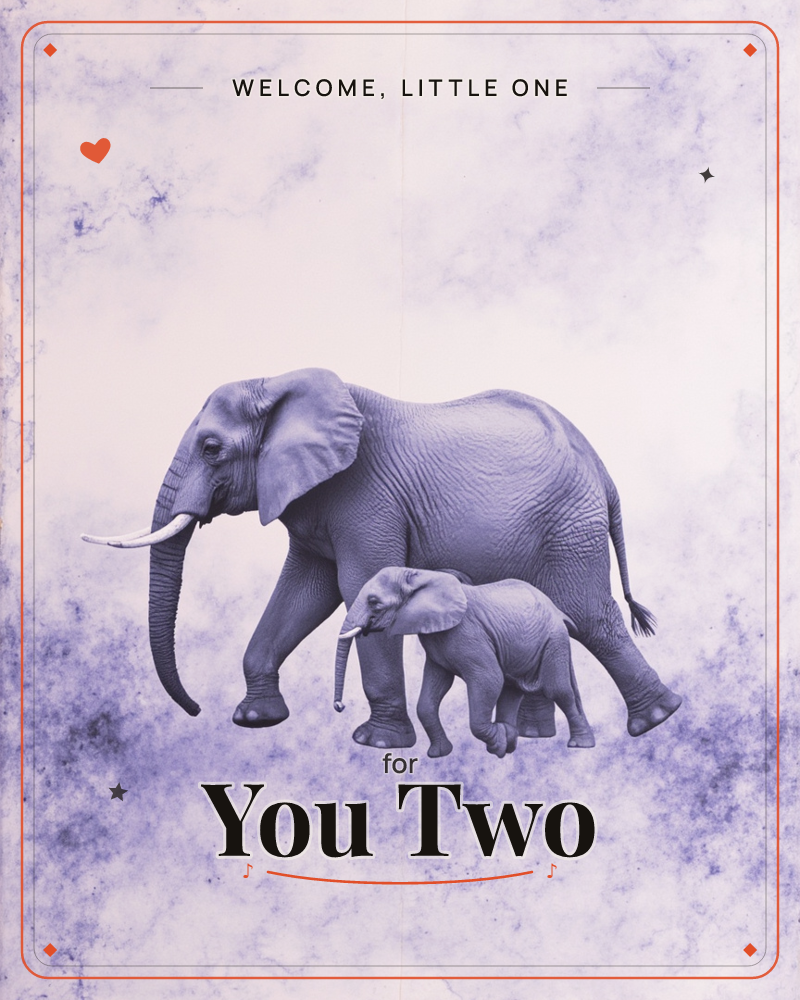 An adult elephant walks beside its calf, both rendered in cool violet-grey tones against a mottled, cloud-like background that fades from deep charcoal…, a new baby e-card design