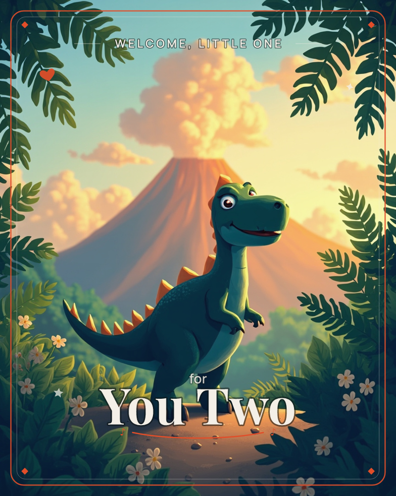 A friendly green dinosaur with orange spiky ridges stands on a dirt path, framed by fern leaves and small white flowers, a new baby e-card design