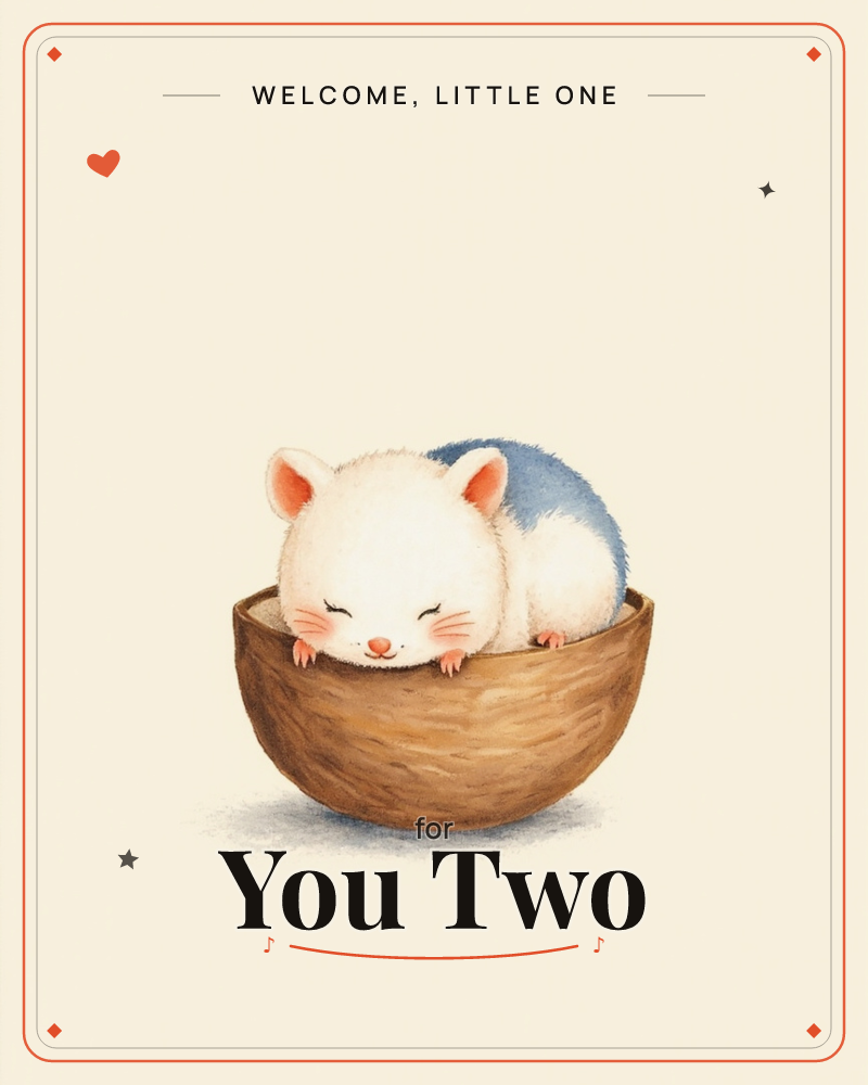 A small round mouse with a white face and a blue-tipped tail curls up asleep inside a woven brown bowl, a new baby e-card design