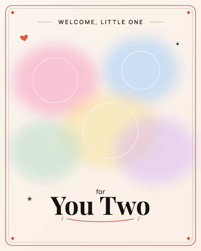 Five soft blurred circles float across a pale warm background, each a different pastel hue in pink, blue, mint, butter yellow and lilac, with three of…, a new baby e-card design by @DittyCityTeam