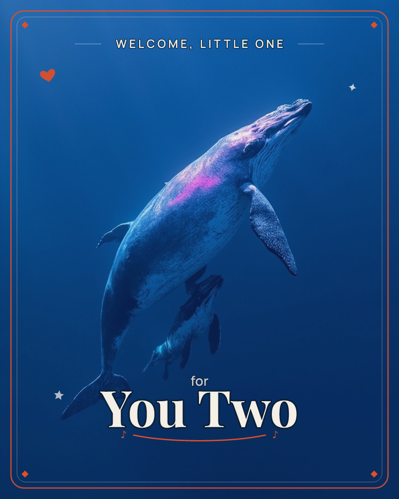 A humpback whale rises through deep blue water with a smaller calf swimming just beneath it, both lit by a soft shaft of light from above, a new baby e-card design