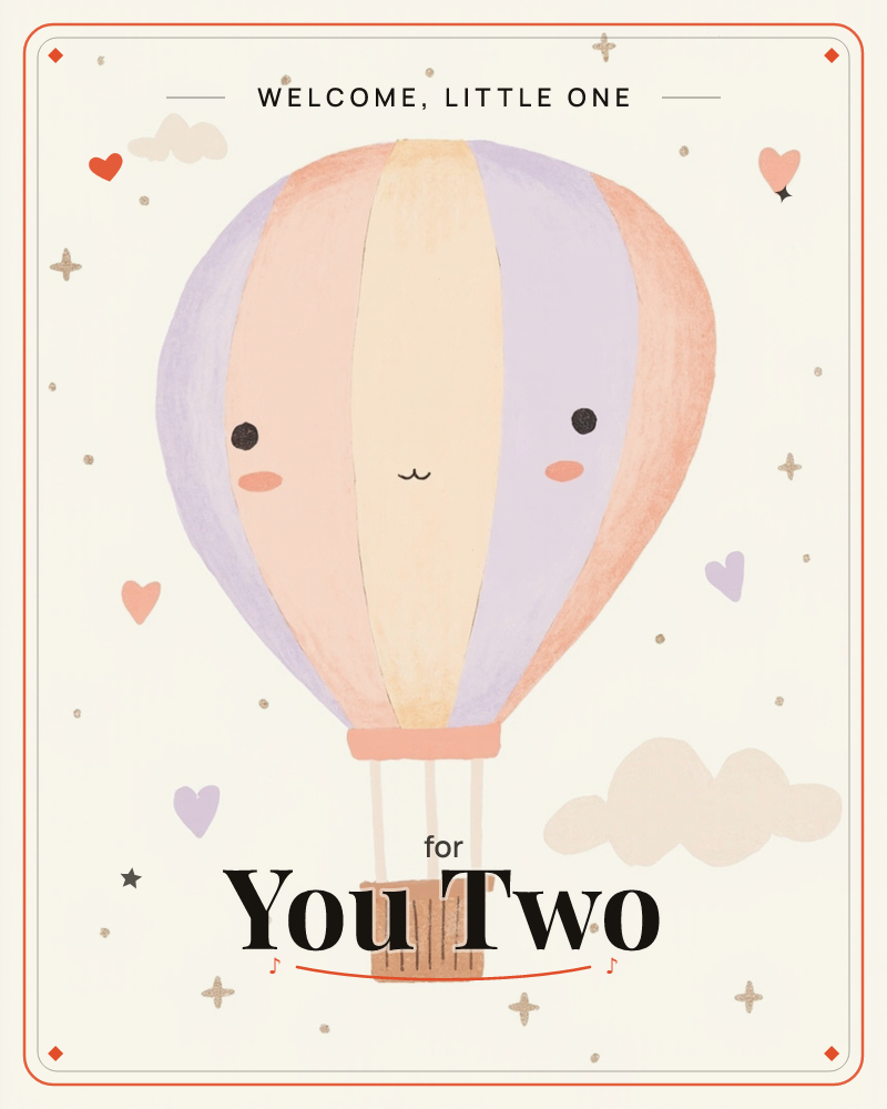 A hot air balloon with a sweet smiling face floats against a soft cream background, its panels striped in lavender, peach, and coral with a woven…, a new baby e-card design
