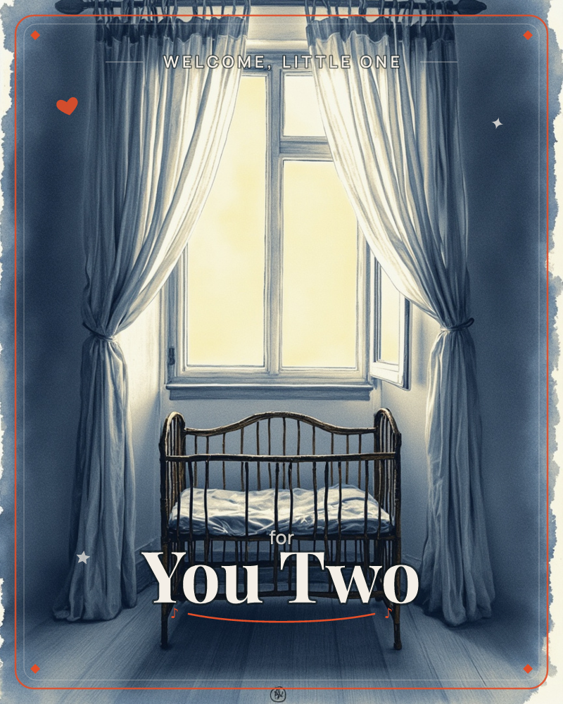 A wicker crib sits below a tall window framed by soft, tied-back curtains, warm golden light pouring through the glass into an otherwise blue-toned room, a new baby e-card design