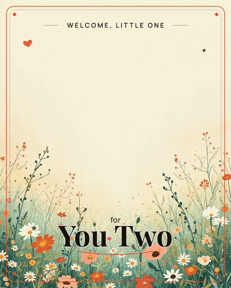 A wildflower meadow blooms across the bottom of the page, with daisies, orange poppies, and coral blossoms rising on slender stems into a soft, hazy sky, a new baby e-card design