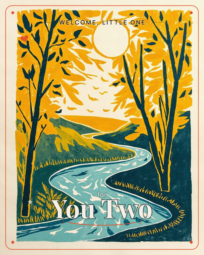 A linocut print shows a winding river cutting through autumn hills, framed by two tall trees heavy with golden leaves, a new baby e-card design