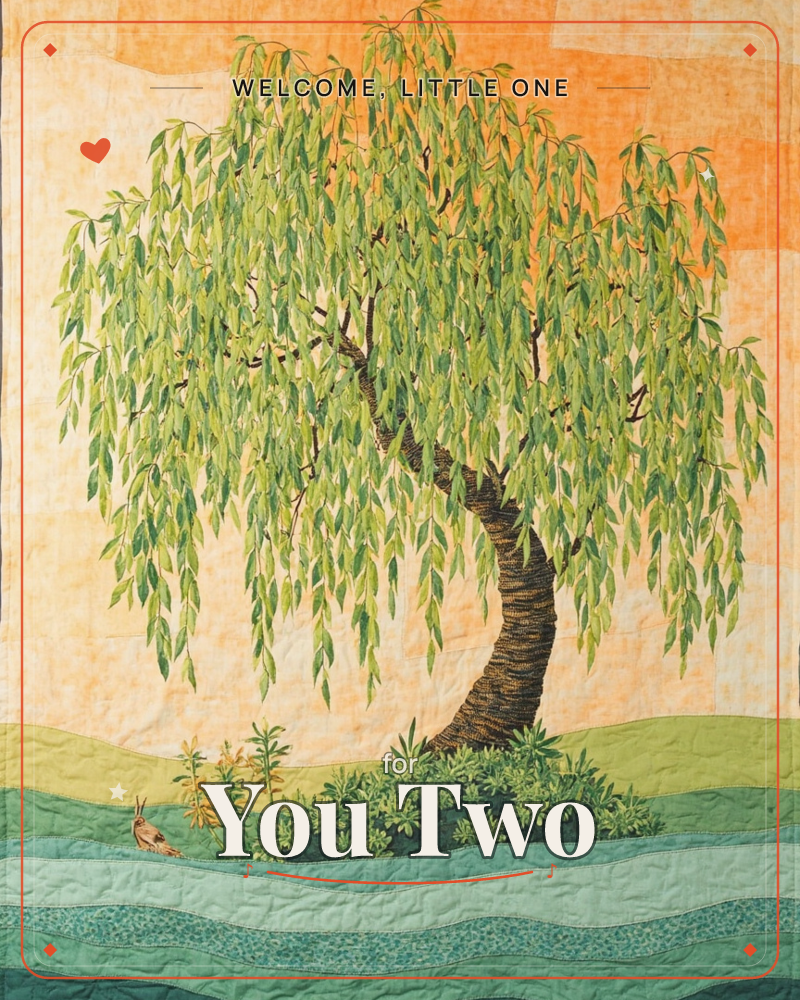 A quilted textile illustration shows a graceful weeping willow with cascading green leaves, its trunk rising from a mound of bushy undergrowth, a new baby e-card design
