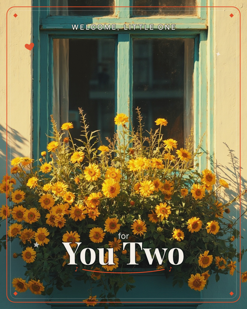 A weathered turquoise window frame is set into a pale cream wall, its ledge overflowing with golden daisies and marigolds spilling over the sill, a new baby e-card design