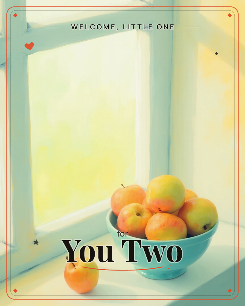 A turquoise bowl brims with sun-warmed apples on a pale windowsill, one apple set apart on the ledge beside it, a new baby e-card design